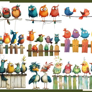 May include: A colorful illustration of various birds perched on a wooden fence. The birds are depicted in a cartoon style with bright colors and expressive features. The fence is painted in a variety of colors and has a rustic appearance.