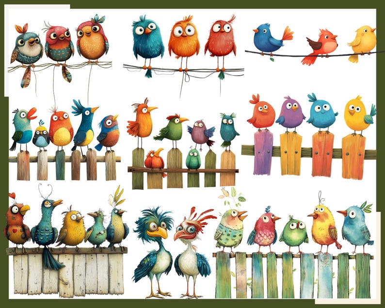 May include: A colorful illustration of various birds perched on a wooden fence. The birds are depicted in a cartoon style with bright colors and expressive features. The fence is painted in a variety of colors and has a rustic appearance.