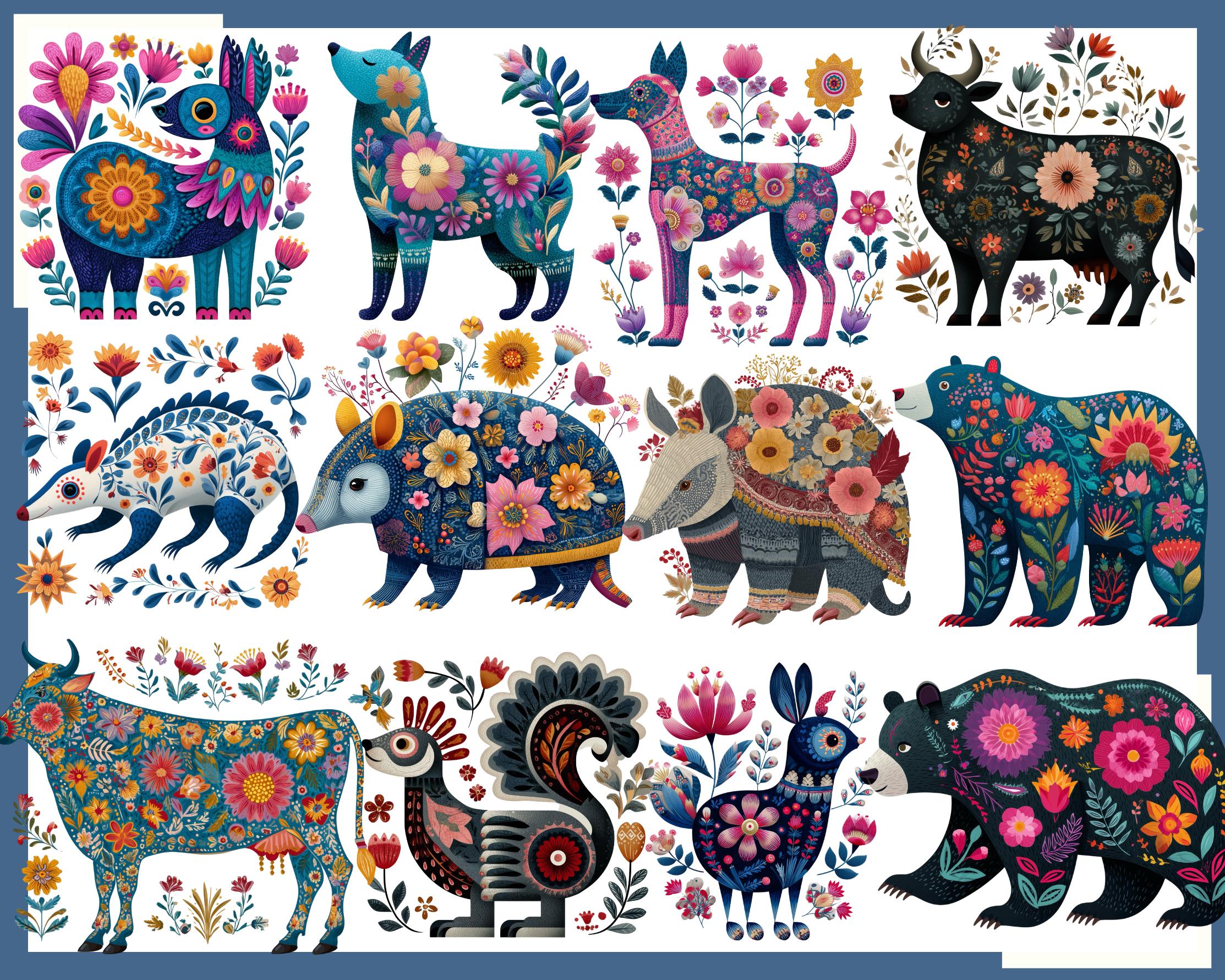 Mexican Otomi Animal Art: 100 PNG, 300 DPI Mexican Folk Art Animals ...
