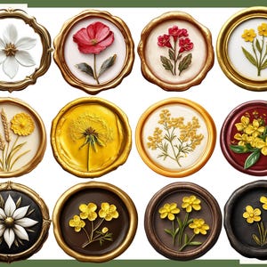 Puede incluir: Una colecci&oacute;n de doce sellos de cera decorativos con dise&ntilde;os florales. Los sellos muestran varias flores en relieve, incluyendo una flor blanca, una amapola roja y flores silvestres amarillas, en marcos dorados u oscuros.