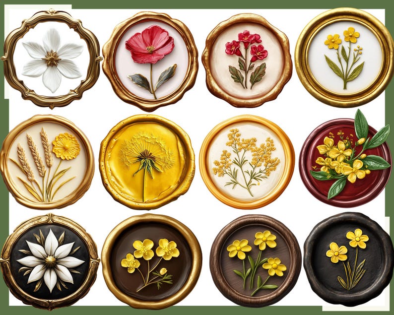 Puede incluir: Una colecci&oacute;n de doce sellos de cera decorativos con dise&ntilde;os florales. Los sellos muestran varias flores en relieve, incluyendo una flor blanca, una amapola roja y flores silvestres amarillas, en marcos dorados u oscuros.