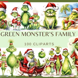 FAMILIA DE MONSTRUO VERDE - 100 imágenes prediseñadas de acuarela (300 ppp, monstruos navideños, monstruos kawaii, png, pegatina para niños, criatura de hadas)