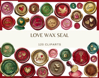 May include: A collection of colorful wax seals with various designs, including hearts, locks, and doves. The seals are in shades of red, green, gold, and pink. The text "LOVE WAX SEAL" and "120 CLIPARTS" are also visible.