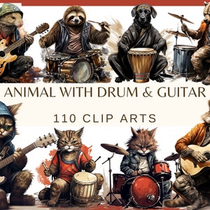 DIEREN met DRUMS & GUITARS - 110 clip arts (300 dpi, transparante achtergrond, commercieel gebruik, bundel, digitaal, motor, png, brutale kat)