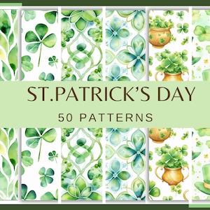 May include: A collection of 50 St. Patrick's Day patterns featuring watercolor illustrations of shamrocks, clovers, pots of gold, and leprechaun hats.