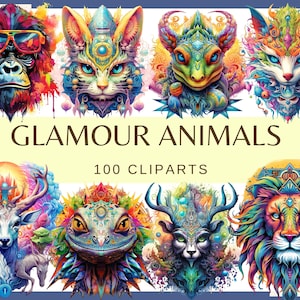 ANIMALES GLAMOUR - 100 imágenes prediseñadas (300 dpi, búho, lagarto, zorro, gato, perro, cebra, león, puma, tigre, guepardo, jirafa, mono, digital, png)