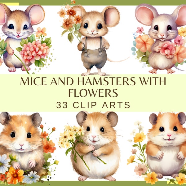 MICE and HAMSTERS with FLOWERS - 33 clip arts (300 dpi, cute animals, baby animals, Transparent background, floral. png, bundle, digital)
