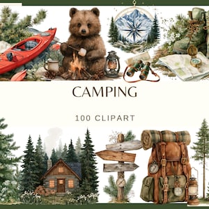 Pode incluir: Uma coleção de cliparts com tema de acampamento apresentando um caiaque vermelho, um urso pardo assando um marshmallow, uma bússola, botas de caminhada, binóculos, um mapa, uma cabana de madeira, placas de direção e uma mochila marrom com o texto CAMPING 100 CLIPART.