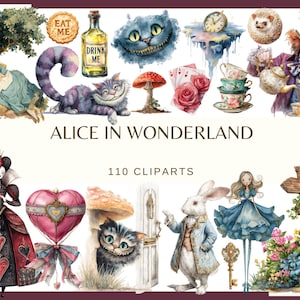 May include: Watercolor illustrations of Alice in Wonderland characters and elements. Includes Alice, the Cheshire Cat, the Mad Hatter, the Queen of Hearts, and other iconic imagery. The text "Alice in Wonderland" and "110 Cliparts" are also visible.