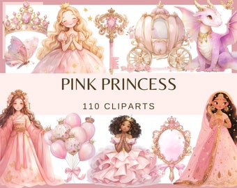 Pink Princess Clipart: Castle, Dragon, Unicorn & More (110 PNG Files)