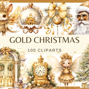 NATALE D'ORO - 100 clip art (300 dpi, albero di Natale, casa, camino, decorazioni, fata, pupazzo di neve di Babbo Natale, digitale, png, cartolina)