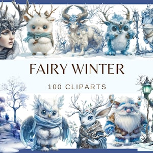 INVIERNO DE HADAS - 100 imágenes prediseñadas (animales en invierno, pájaros, niñas, 300 ppp, invierno acogedor, invierno de fantasía, paquete, digital, acuarela, png)