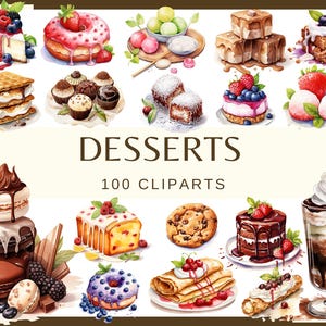 DESERY-100 obiektów clipart (300 dpi, czekolada, ciasto, ciasto, makaronik, Bombolone, naleśnik, Crème brûlée, Apfelstrudel Waffle Brownie Cupcake PNG)