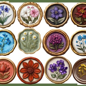 Puede incluir: Una colecci&oacute;n de doce dise&ntilde;os florales en marcos circulares con bordes dorados. Las flores est&aacute;n representadas en varios colores, incluyendo azul, blanco, rosa, morado y rojo, con hojas verdes. Los fondos var&iacute;an en color, como blanco, azul, verde y marr&oacute;n.