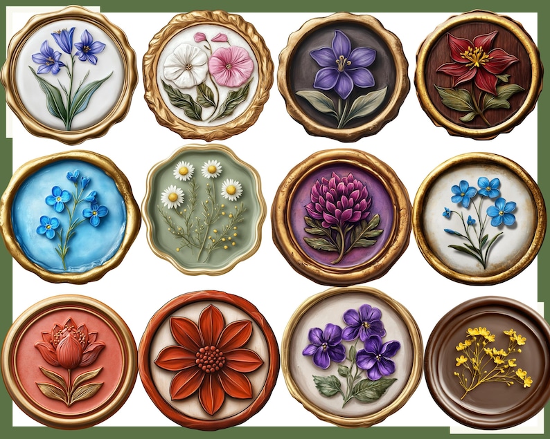 Puede incluir: Una colecci&oacute;n de doce dise&ntilde;os florales en marcos circulares con bordes dorados. Las flores est&aacute;n representadas en varios colores, incluyendo azul, blanco, rosa, morado y rojo, con hojas verdes. Los fondos var&iacute;an en color, como blanco, azul, verde y marr&oacute;n.