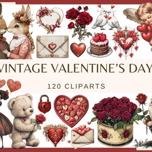 VINTAGE VALENTINSTAG - 120 Clip-Arts (300 dpi, Teddybär mit Herz, Taube, Bündel, digital, Liebe, Rose, Süßigkeiten, Liebe, verliebtes Paar)