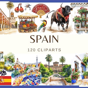 Può includere: Una collezione di 120 illustrazioni clipart ad acquerello che rappresentano vari aspetti della cultura spagnola. Le illustrazioni includono un toro, una ballerina di flamenco, una bandiera spagnola, un piatto di paella, una chitarra, una chiesa, un castello, una spiaggia, un tramonto e una varietà di altri simboli spagnoli.