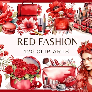 RED FASHION - 120 aquarel clip arts (png, 300 dpi, mode-illustratie, modeboeken Fashionista Chic Girl Princess Fashion Graphics)