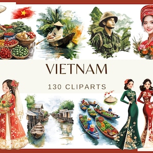 VIETNAM - 130 imágenes prediseñadas (300 dpi, terrazas de arroz en Sapa, parque nacional Phong Nha-Ke Bang, mercados flotantes vietnamitas, festival Ao Dai, png)
