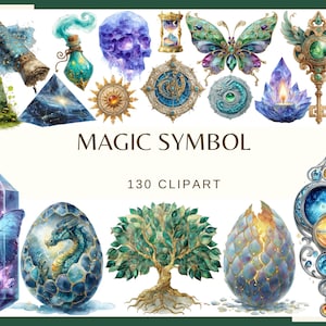 Może przedstawiać: Kolekcja cyfrowych ilustracji z elementami fantasy, w tym zwój, butelka z miksturą, czaszka, klepsydra, motyl, ozdobny klucz, słońce, piramida, kryształy, smocze jajo i drzewo z tekstem MAGIC SYMBOL 130 CLIPART.