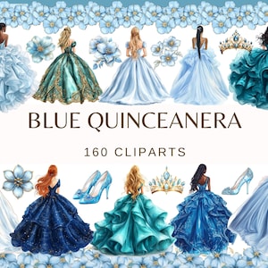 QUINCEANERA AZUL - 160 imágenes prediseñadas de acuarela (Elementos de invitación DIY para quince años, baile de celebración de quinceañera, vestido de princesa)