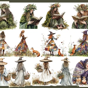 May include: Watercolor illustrations of women in nature, reading books, and interacting with foxes. The images feature women wearing floral crowns, patchwork dresses, and witch hats. The color palette includes greens, browns, and oranges, creating a whimsical and enchanting aesthetic.