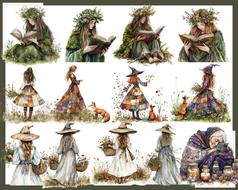 May include: Watercolor illustrations of women in nature, reading books, and interacting with foxes. The images feature women wearing floral crowns, patchwork dresses, and witch hats. The color palette includes greens, browns, and oranges, creating a whimsical and enchanting aesthetic.