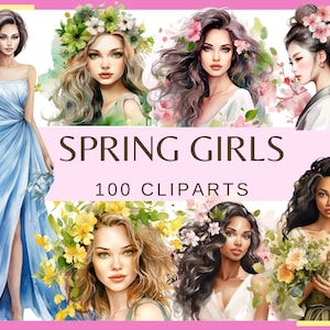 FRÜHLING MÄDCHEN - 100 Clip Art (300 dpi, Blumen, Natur, Garten, Frühlingsblumen, Junk Journal, Chinesisches Mädchen, afroamerikanisches Mädchen, png)