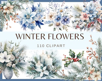 May include: A digital illustration set of 110 winter flowers, branches, and candles in watercolor style. The flowers are in shades of blue, white, and pink. The branches are green and white with snow. The candles are white and have a warm glow.