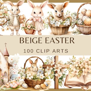 BEIGE EASTER - 100 watercolor clip arts (Transparent background, 300 dpi spring Easter Digital Paper, Spring Holiday, png commercial use))