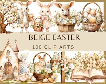 Puede incluir: Conjunto de clipart de Pascua beige con 100 imágenes que incluyen conejos, pollitos, cestas, huevos, flores, una iglesia, una cruz y un libro. Las imágenes están en estilo acuarela.