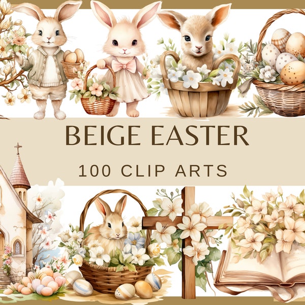 BEIGE EASTER - 100 watercolor clip arts (Transparent background, 300 dpi spring Easter Digital Paper, Spring Holiday, png commercial use))