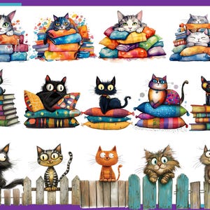 Op de afbeelding: Een digitale illustratie van 11 katten in verschillende poses, sommige zittend op stapels boeken, sommige op kleurrijke kussens en sommige op een hek. De katten zijn allemaal cartoonachtig en hebben grote ogen. De achtergrond is wit.