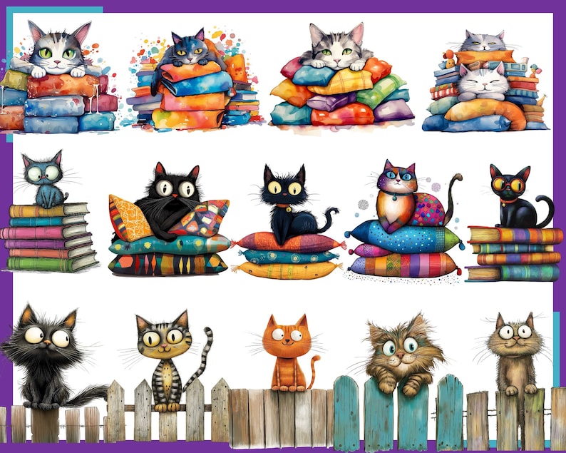Op de afbeelding: Een digitale illustratie van 11 katten in verschillende poses, sommige zittend op stapels boeken, sommige op kleurrijke kussens en sommige op een hek. De katten zijn allemaal cartoonachtig en hebben grote ogen. De achtergrond is wit.