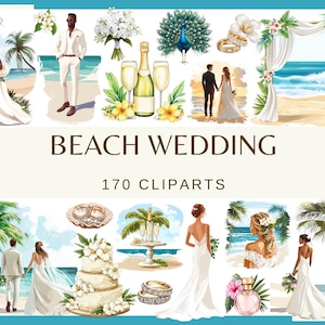 BODA EN LA PLAYA - 170 imágenes prediseñadas en acuarela (fondo transparente de 300 ppp, línea de tiempo de boda png, iconos de elementos de boda, diario basura, novia)