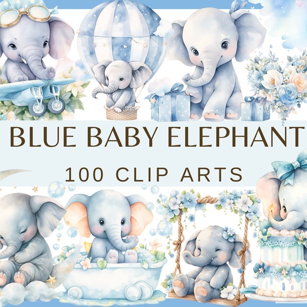 BLUE BABY ELEPHANT - 100 watercolor clip arts (Png, 300 dpi, commercial use, Baby shower for a boy, Nursery Decor, Boy Birthday Party)