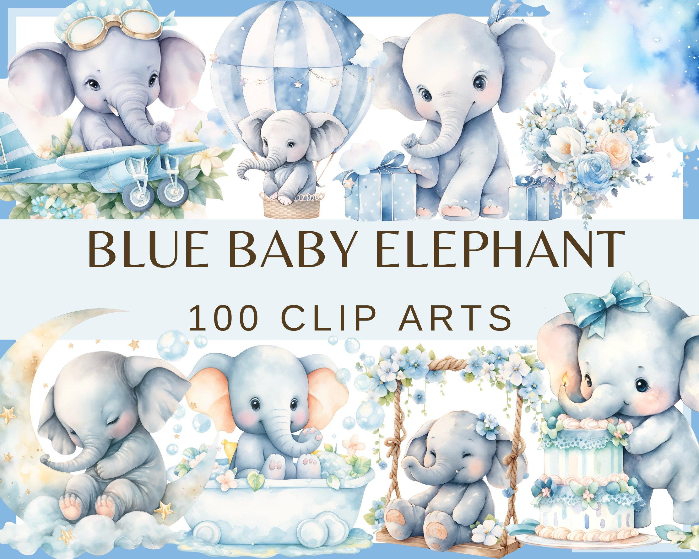 Blue Baby Elephant Watercolor Clip Art: Boy Shower Decor (PNG) - Etsy