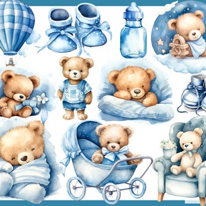 BLUE TEDDY BEAR. Baby shower for a boy, Nursery Decor 100 watercolor clip arts Transparent background, 300 dpi, commercial use png 画像 2