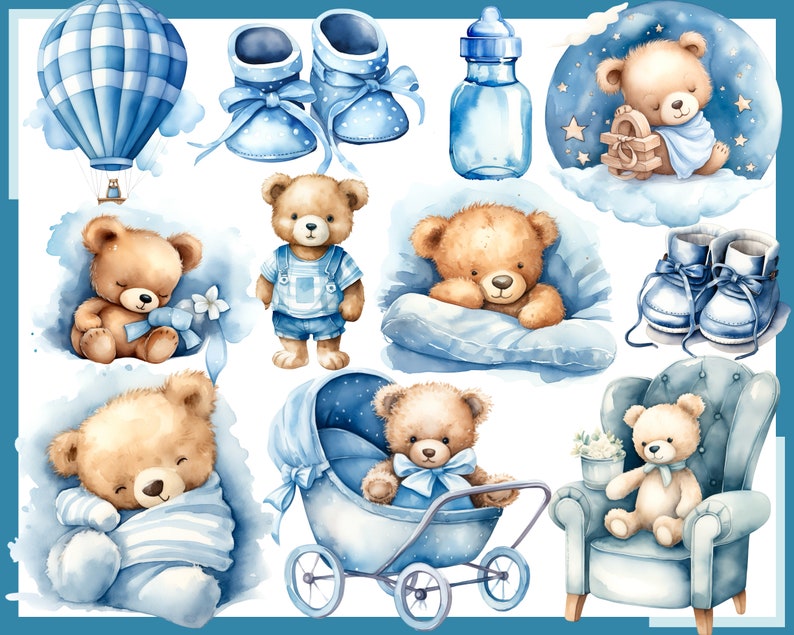 BLUE TEDDY BEAR. Baby shower for a boy, Nursery Decor 100 watercolor clip arts Transparent background, 300 dpi, commercial use png image 2