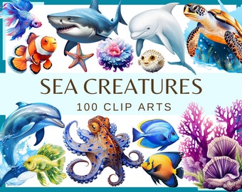 Puede incluir: Ilustración digital colorida de criaturas marinas, incluyendo un tiburón, un delfín y un pulpo. El texto "SEA CREATURES 100 CLIP ARTS" está presente. Ideal para proyectos creativos o educativos. La obra es vibrante y detallada.