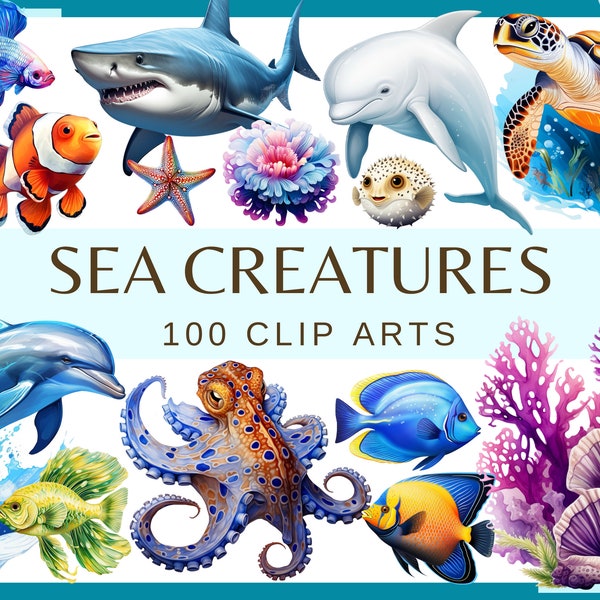 CRIATURAS MARINAS - 100 imágenes prediseñadas (300 ppp, Ilustraciones de animales oceánicos, Submarino, Mar mágico, Plantas acuáticas, Vida marina, Pulpo de peces vívidos)