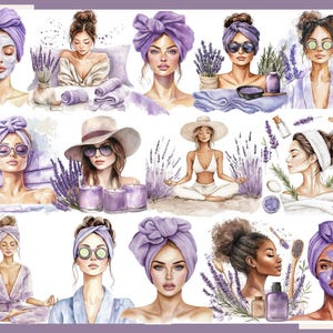 May include: Watercolor illustrations of women in spa settings. The images feature women with purple head wraps, face masks, and sunglasses. Lavender sprigs, candles, and spa products are also depicted, creating a relaxing and self-care theme.