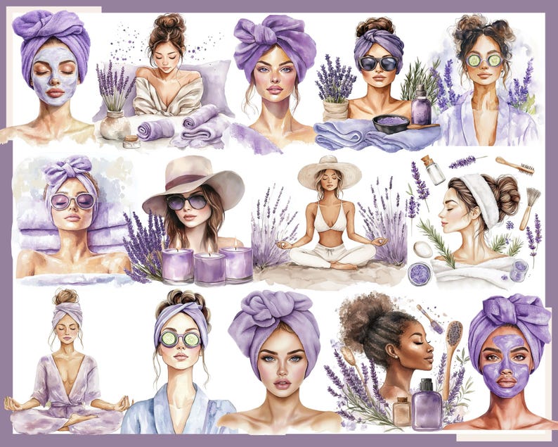 May include: Watercolor illustrations of women in spa settings. The images feature women with purple head wraps, face masks, and sunglasses. Lavender sprigs, candles, and spa products are also depicted, creating a relaxing and self-care theme.