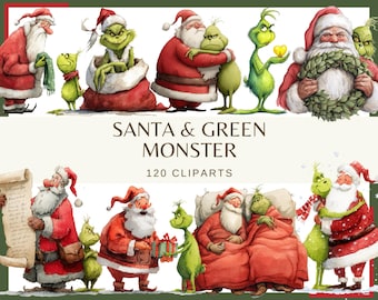 Santa and Green Monster Clipart: 120 PNG, 300 DPI | Funny Christmas Character | Whimsical Holiday Clipart Pack | (Commercial Use, Digital)