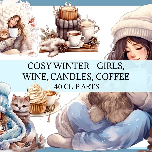 COSY WINTER - Mädchen, Kerzen, Wein, Kaffee - 40 Clip-Arts (300 dpi, transparenter Hintergrund, digital, digital, Bündel, digital, 40 Clip-Arts)