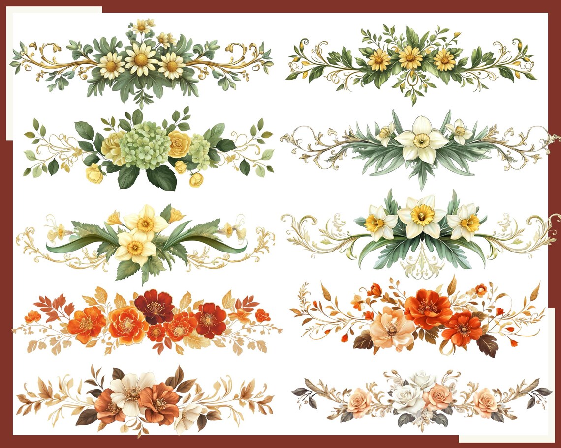 Floral Header Clipart: Watercolor Flower Borders, PNG (300 DPI) Digital ...