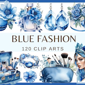 MODA AZUL - 120 imágenes prediseñadas de acuarela (png, 300 ppp, Ilustración de moda, Libros de moda Fashionista Chic Girl princess Fashion Graphics)