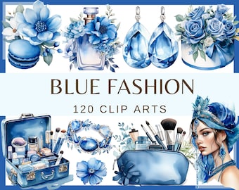 May include: A set of 120 blue watercolor clip art images featuring fashion accessories, makeup, and floral designs. The images include a blue perfume bottle, a blue makeup bag, a blue jewelry box, a blue flower crown, a blue flower bouquet, and a blue-themed woman with a turban.