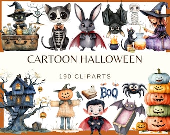 May include: Watercolor illustration featuring cartoon Halloween characters, including a black cat, a skeleton cat, a vampire rabbit, bats, a mummy, a witch, and pumpkins. The text "CARTOON HALLOWEEN" and "190 CLIPARTS" are also visible.