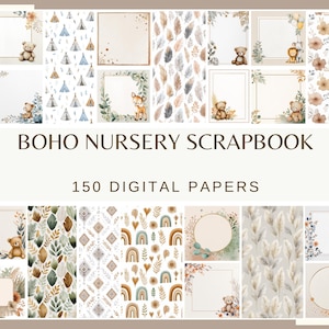 BOHO NURSERY SCRAPBOOK - 150 watercolor papers (digital paper, baby pattern  birthday frame seamless pattern 300 dpi commercial use, teddy)